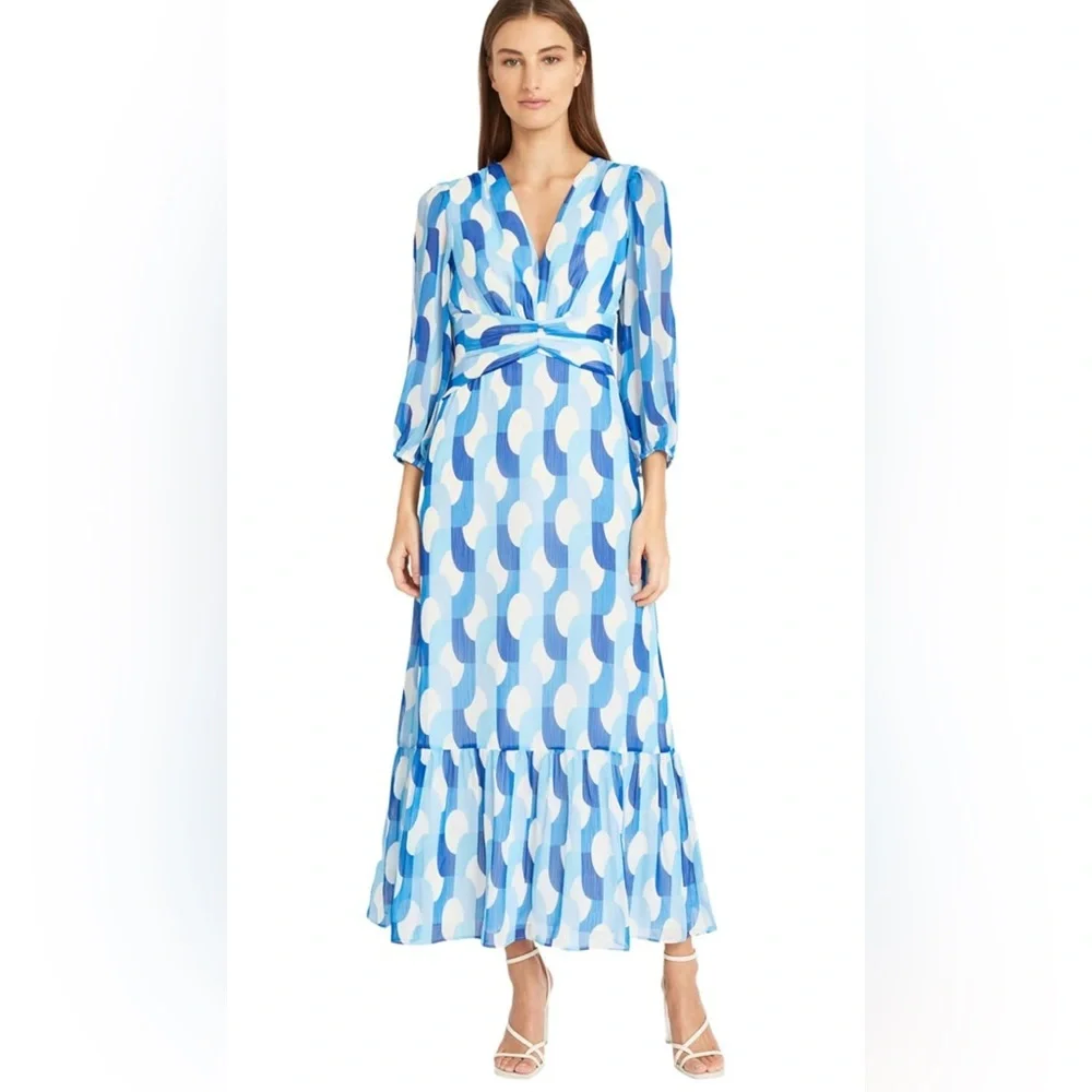 Donna Morgan Blue and White Patterned Dress Size 12 - Picture 10 of 14
